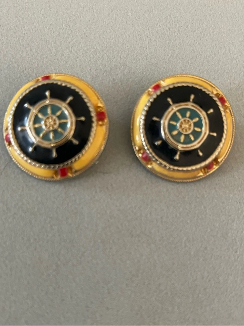 Nautical Wheel Enamel Clip-On Earrings